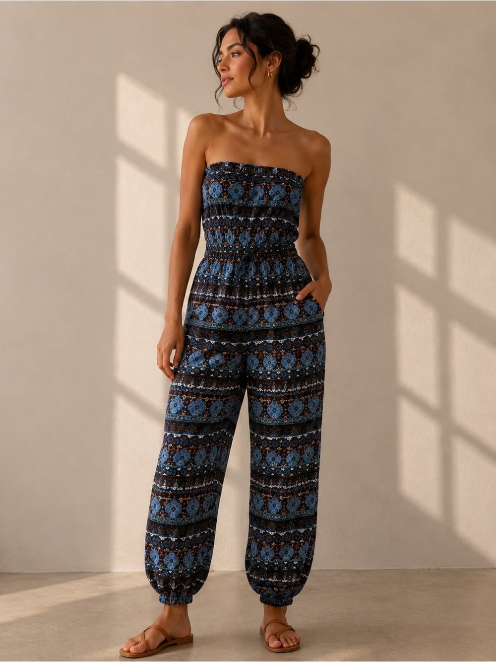 Nana Blue Printed Strapless Smocked Jumpsuit